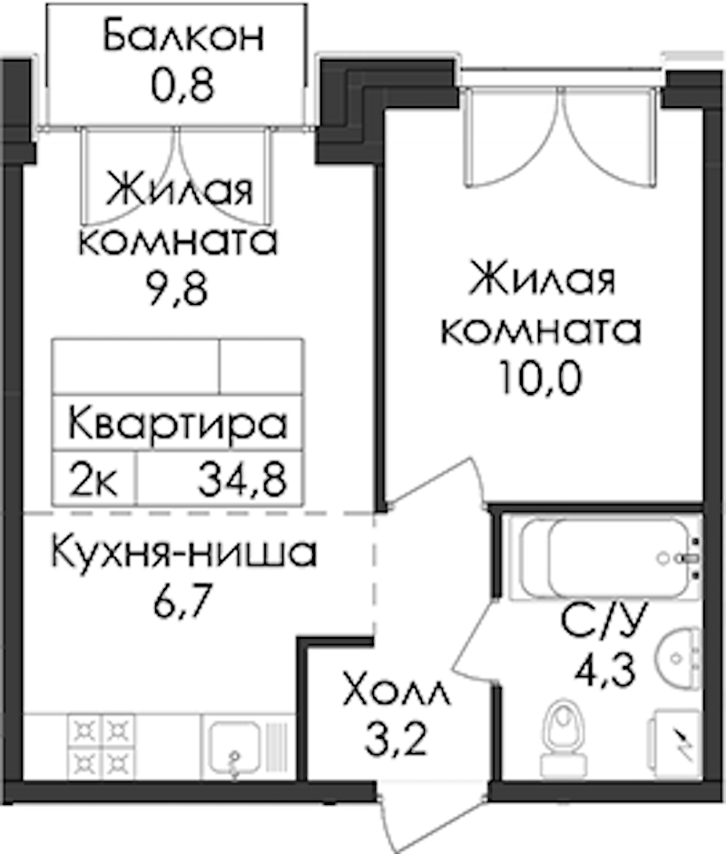 1-комнатная квартира 34.8 м², 5/9 эт., ЖК «Лермонтовский 54»